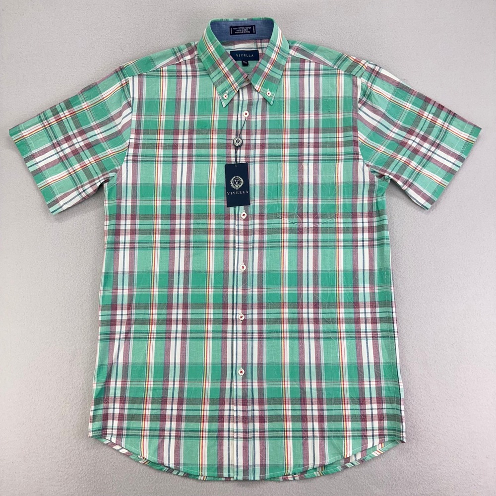 Viyella Shirt Mens Medium Jade Plaid Short Sleeve NWT Preppy Workwear Casual‎